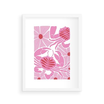 Plakat w ramie 50x70 - Roztańczone Kraby - różowe kwiaty i kraby, abstrakcyjna kompozycja - rama biała