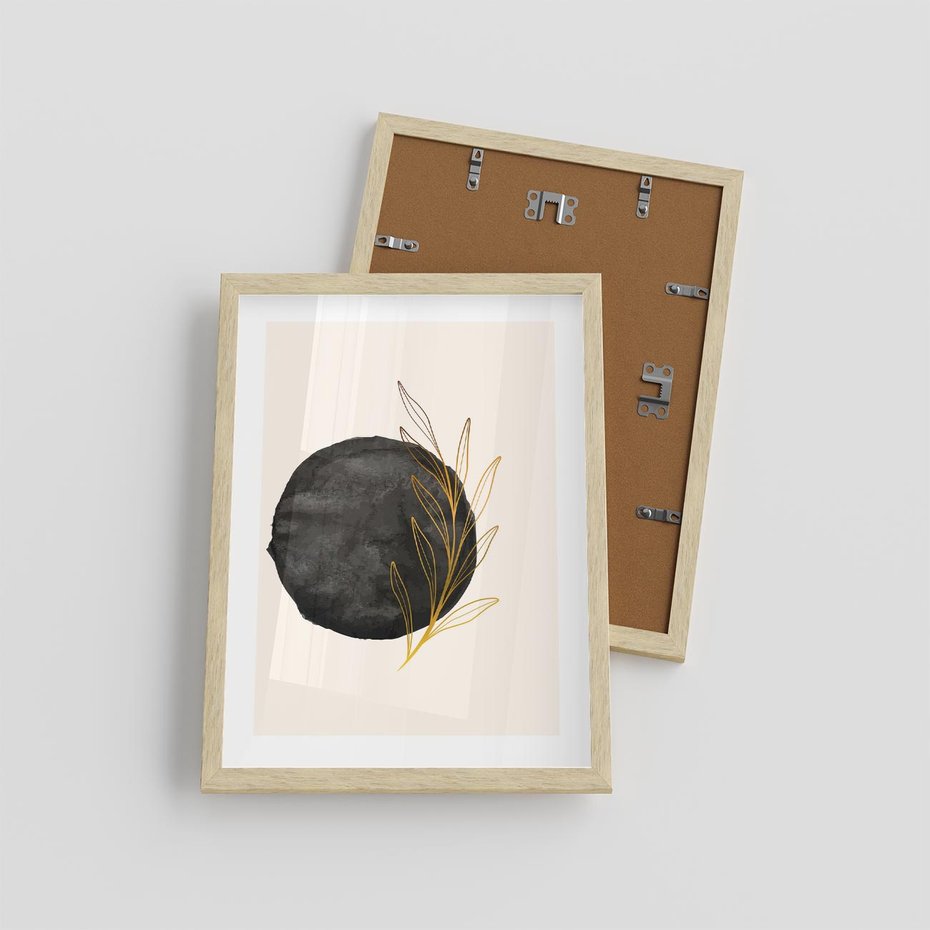 Plakat w ramie 30x40 - Kontrast Kształtów - minimalistyczna grafika, czarna plama - rama drewno