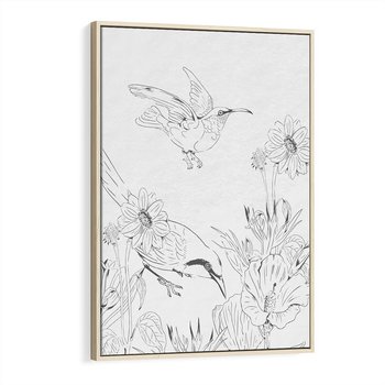 Obraz w ramie 50x70 - Tropiki w Monochromie - czarno biały szkic, tropikalne ptaki - rama drewno