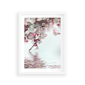 Plakat w ramie 40x50 - Kwiatowa baśń z motylami - kwiaty, motyle - rama biała