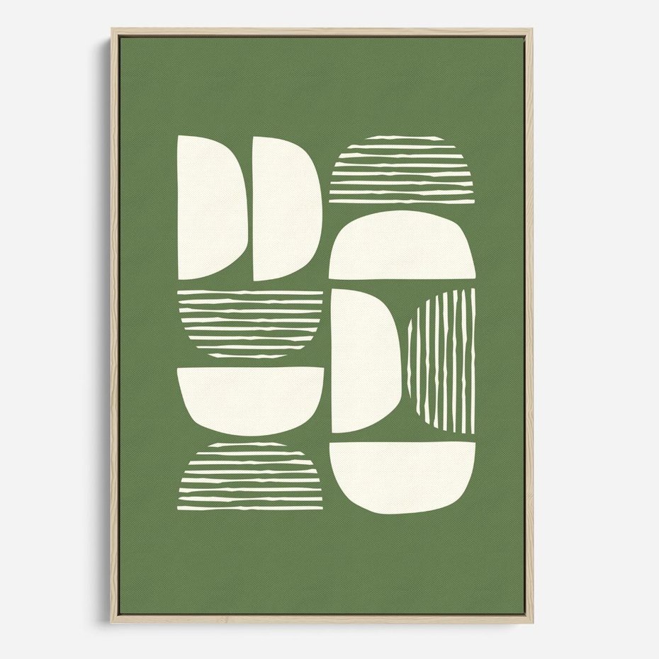 Obraz w ramie 70x100 - Migotliwe Formy - geometryczne boho kształty na brązowym, oliwkowym tle - rama drewno