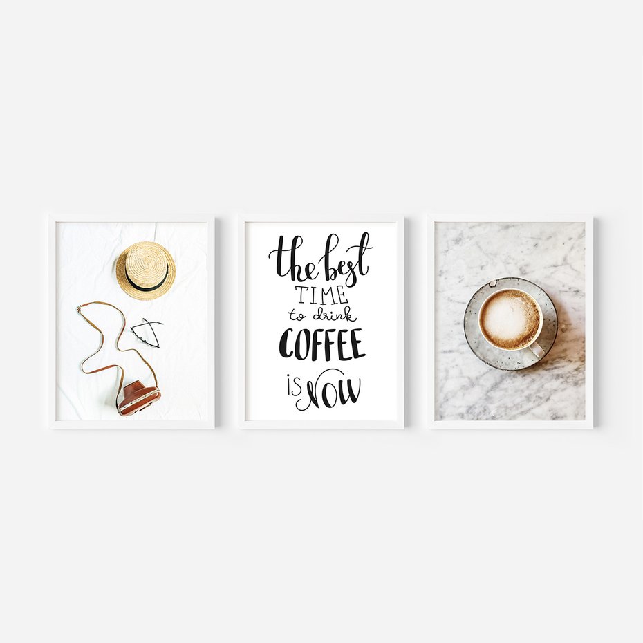 Zestaw obrazy w ramie 50x70 galeria - Kawa, podróż, kapelusz, boho - rama biała