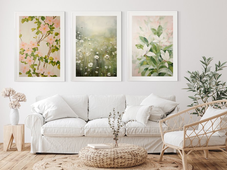 Zestaw obrazy w ramie 40x50 galeria - kwiaty, łąka, boho, akwarela - rama biała