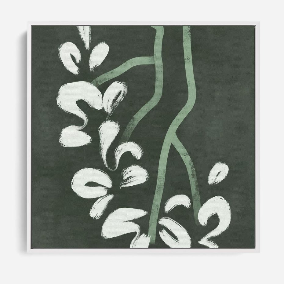 Obraz w ramie 80x80 - Rozkwitające Zielone Gałęzie - abstrakcyjne delikatne zielone linie, podobne do gałęzi kwiatów - rama biała