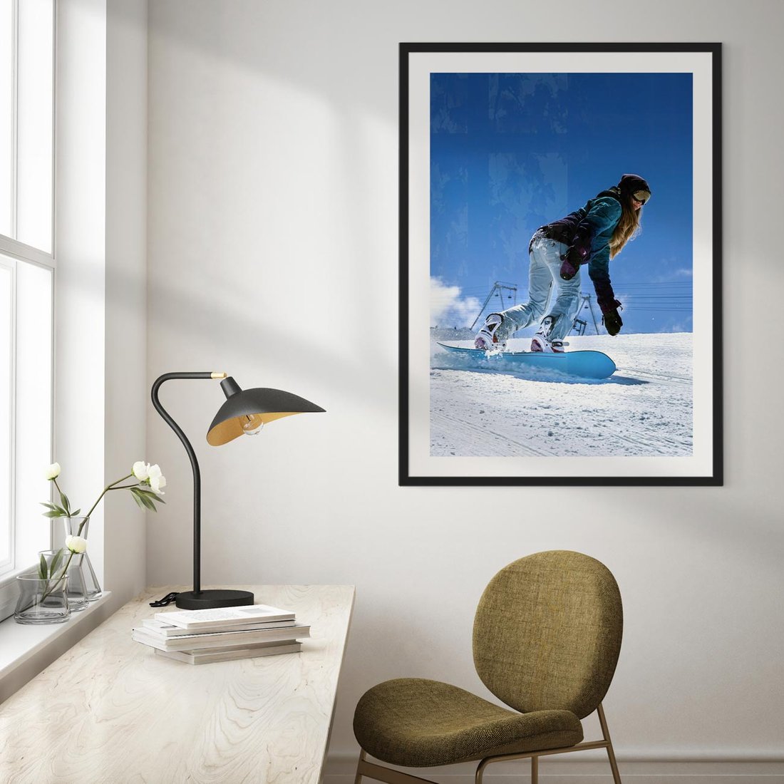 Plakat w ramie 40x50 - Snowboard na zimowych zboczach - snowboard, zima - rama czarna