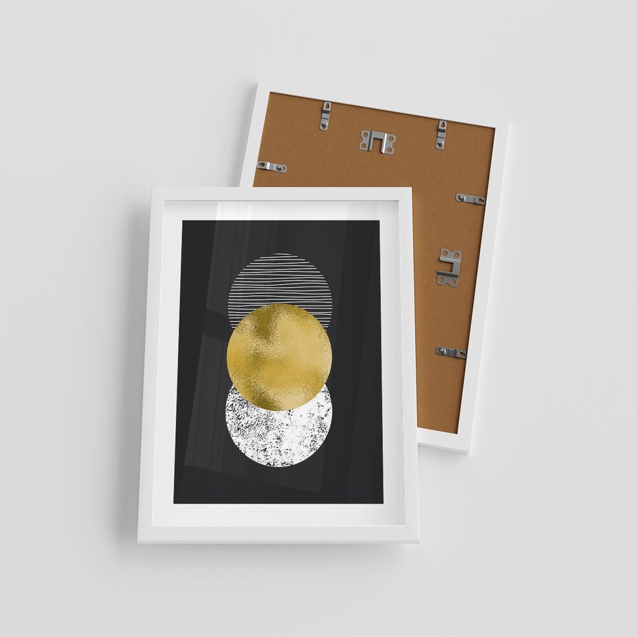 Plakat w ramie 30x40 - Geometryczna Perfekcja: Złote Koło - geometryczna grafika, złote koło - rama biała