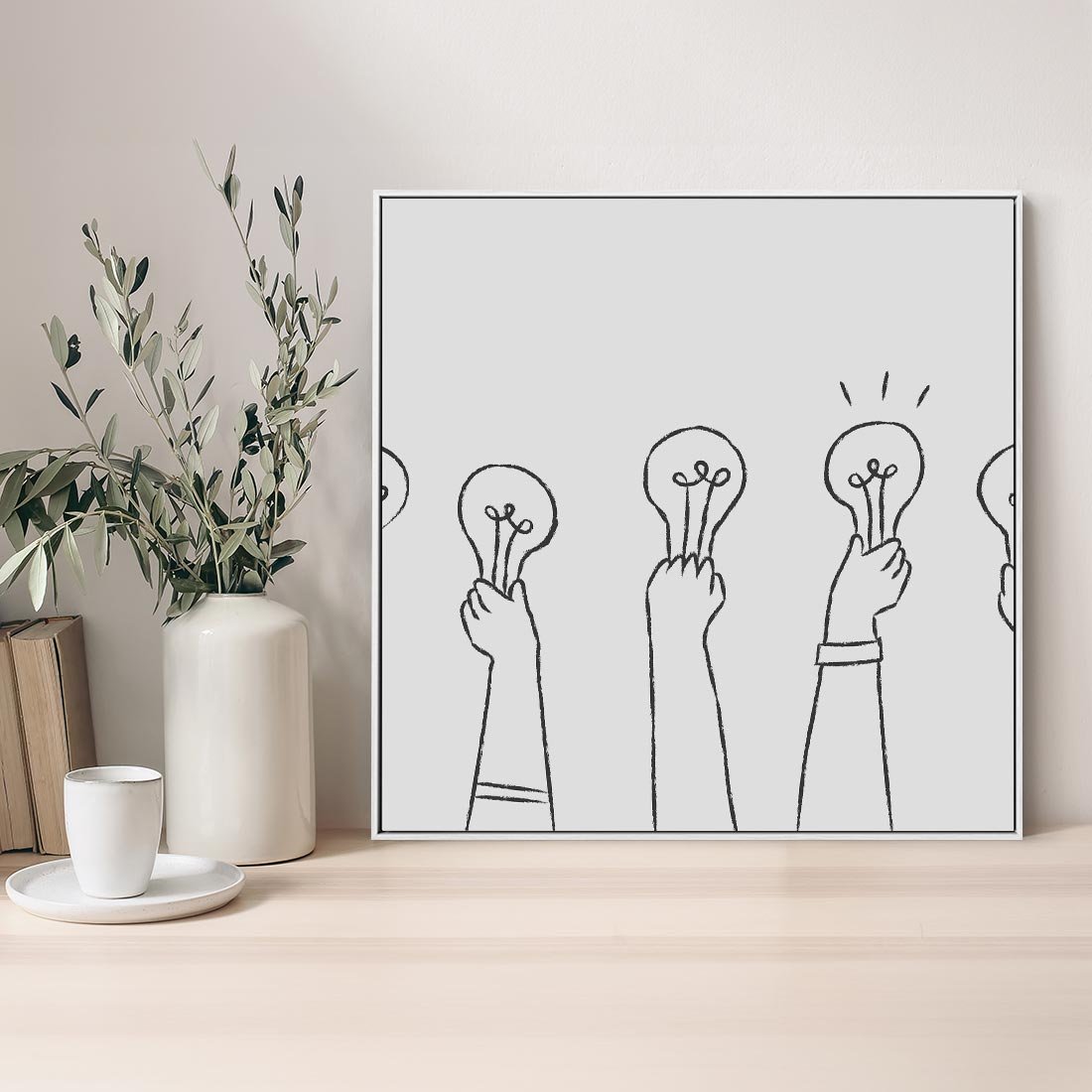 Obraz w ramie 50x50 - Idea w Rękach - szkic, grafika - rama biała