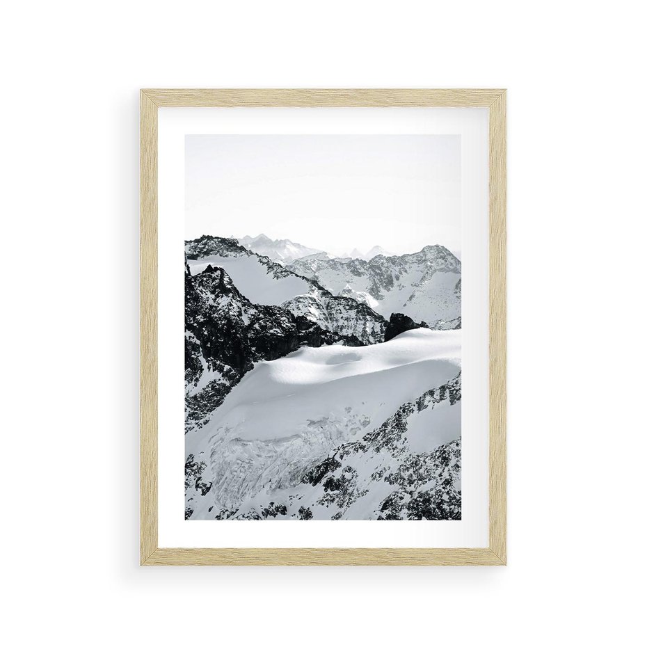Plakat w ramie 30x40 - Biały Zimowy Pejzaż - góry w zimie, ośnieżone wysokie szczyty - rama drewno