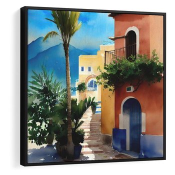 Obraz w ramie 50x50 - Spokój Miasta nad Morzem - akwarela, sródziemnomorski klimat - rama czarna