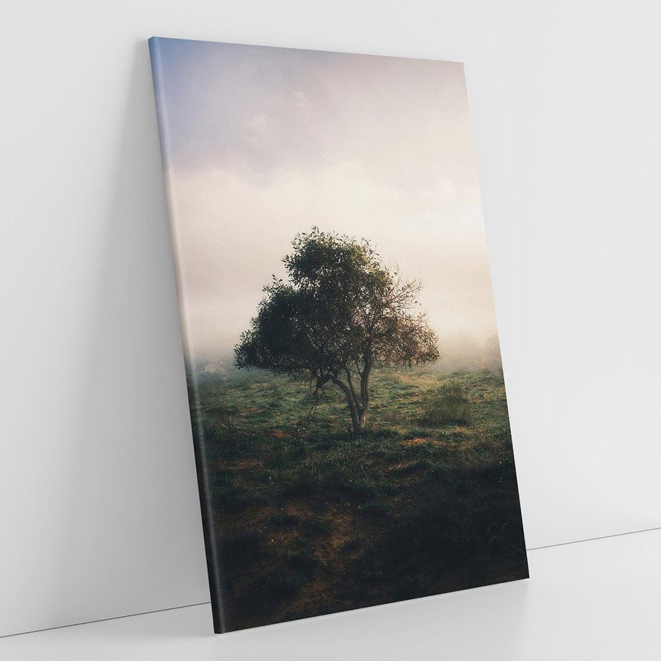 Obraz na płótnie 50x70 - Zamglona Prostota - artystyczna fotografia, samotne drzewo na zamglonej łące
