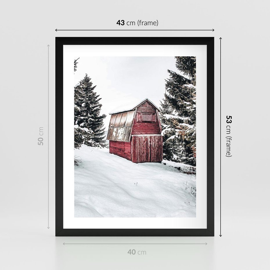 Plakat w ramie 40x50 - Domek w Śnieżnych Górach - domek, góry - rama czarna