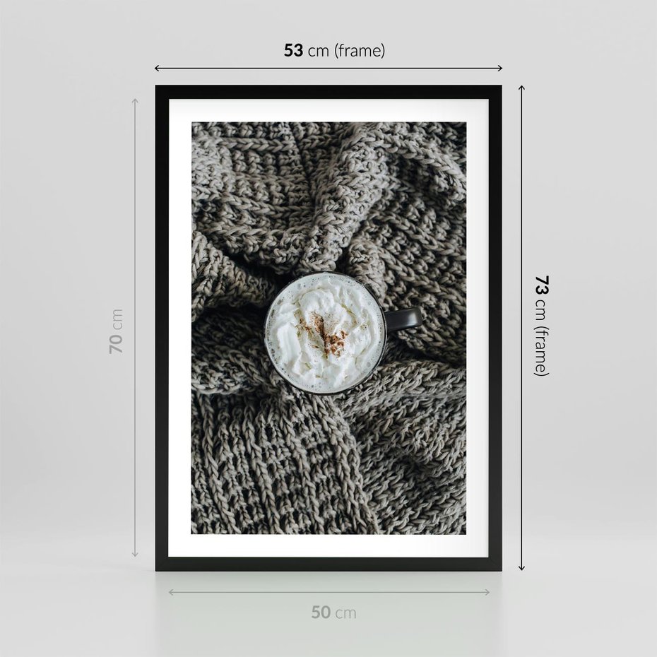 Plakat w ramie 50x70 - Relaks z Kawą i Kocem - ciepły wełniany koc, kawa z bitą śmietaną - rama czarna