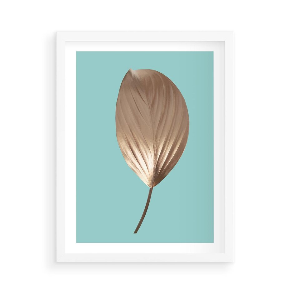 Plakat w ramie 50x70 - Delikatna Harmonia - złote, liście - rama biała