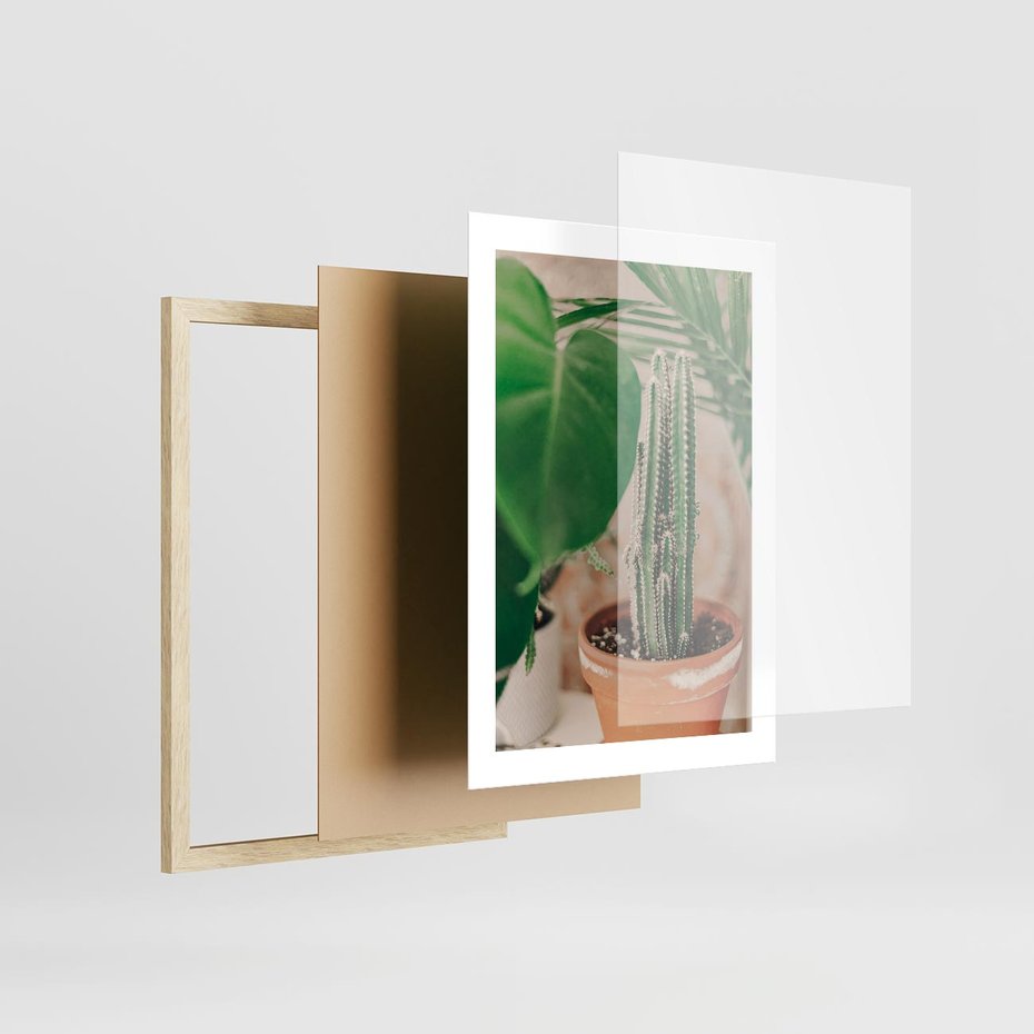Plakat w ramie 30x40 - Boho Urok - kaktus w doniczce, gliniana doniczka - rama drewno