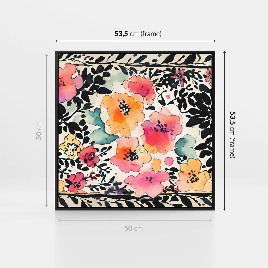 Obraz w ramie 50x50 - Opowieść w kroplach farb - akwarelowe kwiaty, mocna ornamentowa czarna ramka namalowana dookoła obrazu - rama czarna