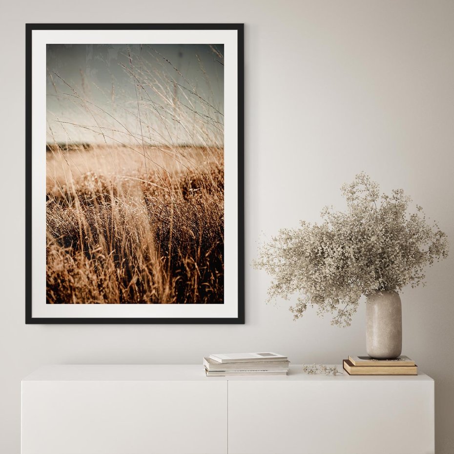 Plakat bez ramy 21x30 - Sucha Trawa w Odcieniach Sepii - suche trawy, łąka odcienie beżu