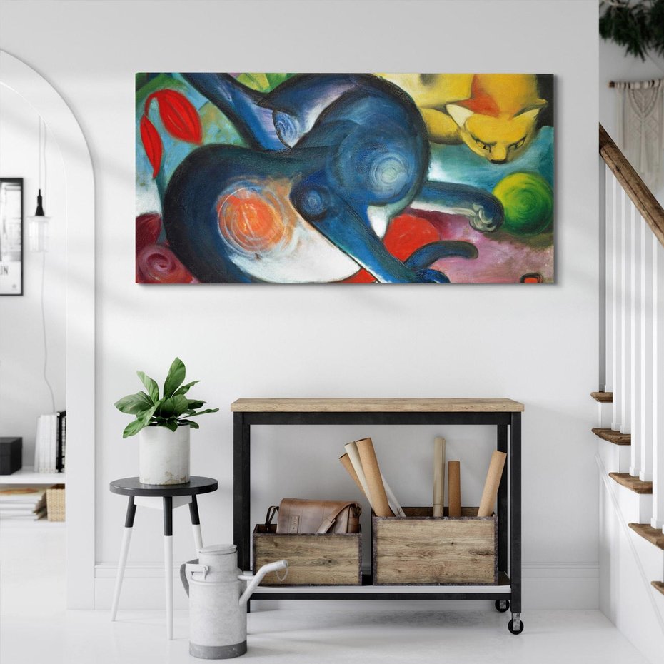 Obraz na płótnie 120x60 - "Dwa koty, niebieski i żółty" (1912) Franz Marc - Reprodukcja - reprodukcja, obraz na płótnie