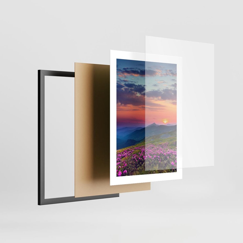 Plakat w ramie 30x40 - Górski Zachód - góry, łąka - rama czarna