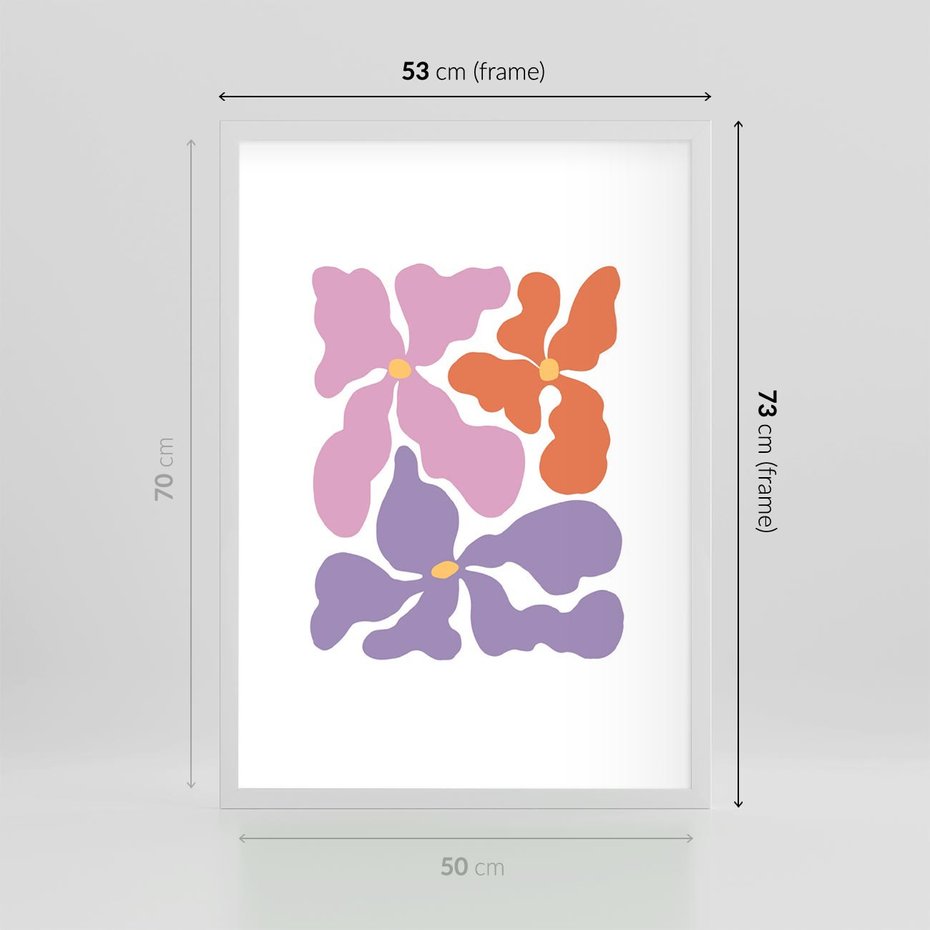 Plakat w ramie 50x70 - Bezgraniczne Wibracje - abstrakcyjne kolorowe kwiaty, minimlizm - rama biała