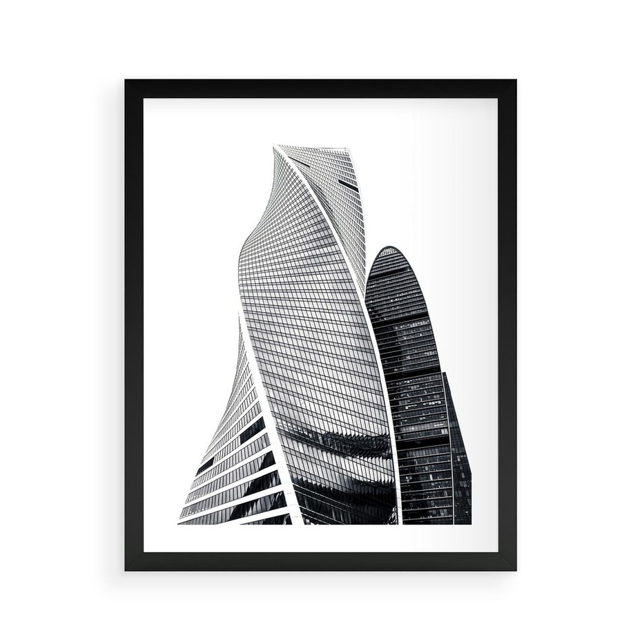 Plakat w ramie 40x50 - Wieżowce z Falistymi Kształtami - nowoczesne wieżowce, czarno biała fotografia - rama czarna