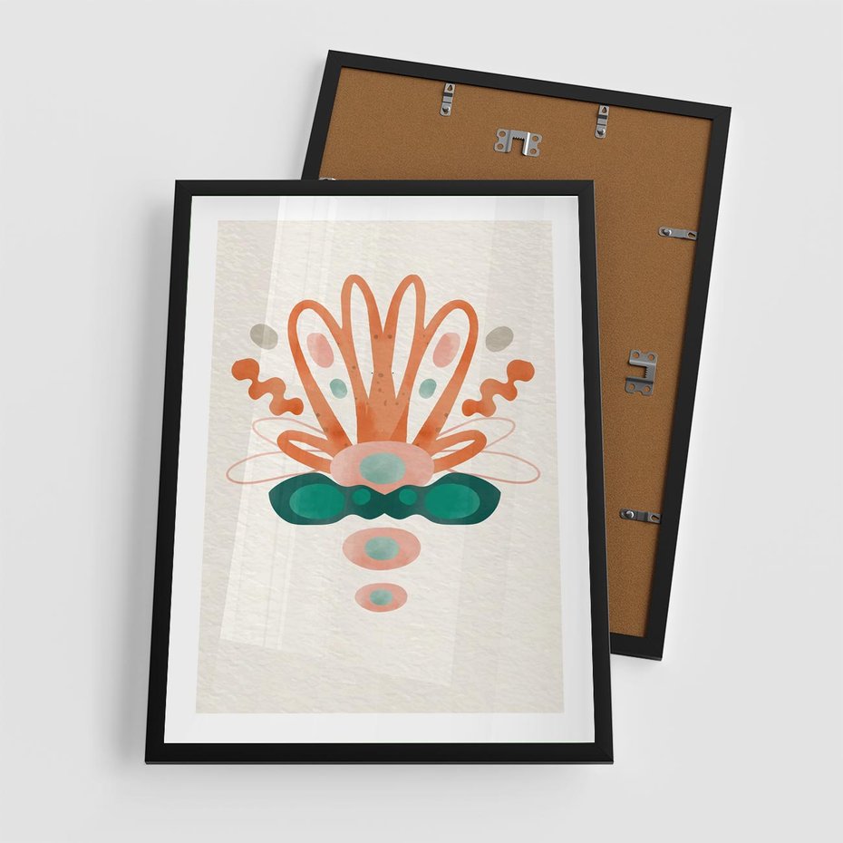 Plakat w ramie 50x70 - Harmonia Nienormalności - akwarelowe abstrakcyjne kształty, zieleń i pomarańcz - rama czarna