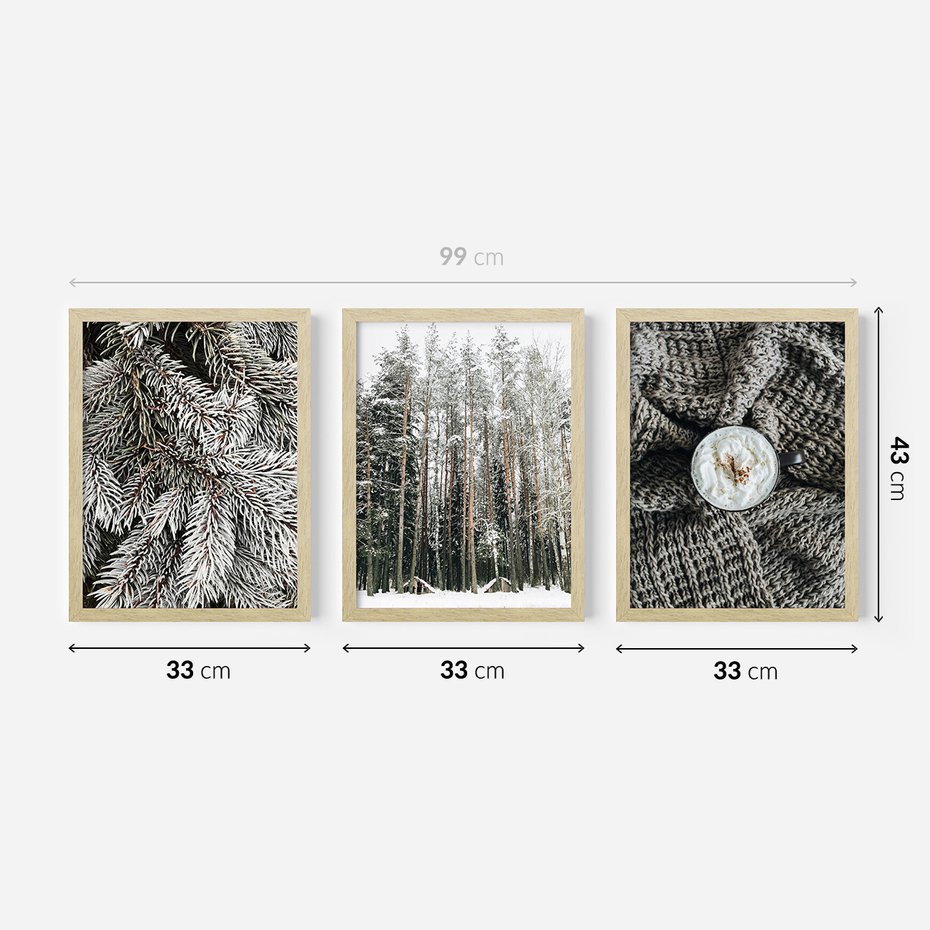 Zestaw obrazy w ramie 30x40 galeria - Las, zima, kawa - rama drewno