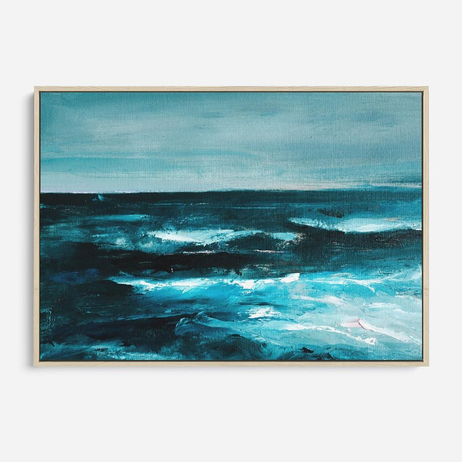 Obraz w ramie 70x50 - Burza Nad Granatowym Oceanem - piękny marynistyczny obraz olejny, wzburzone ciemne morze - rama drewno