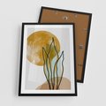 Plakat w ramie 50x70 - Światło Natury: Graficzne Liście i Złote Słońce - grafika, graficzne liście - rama czarna