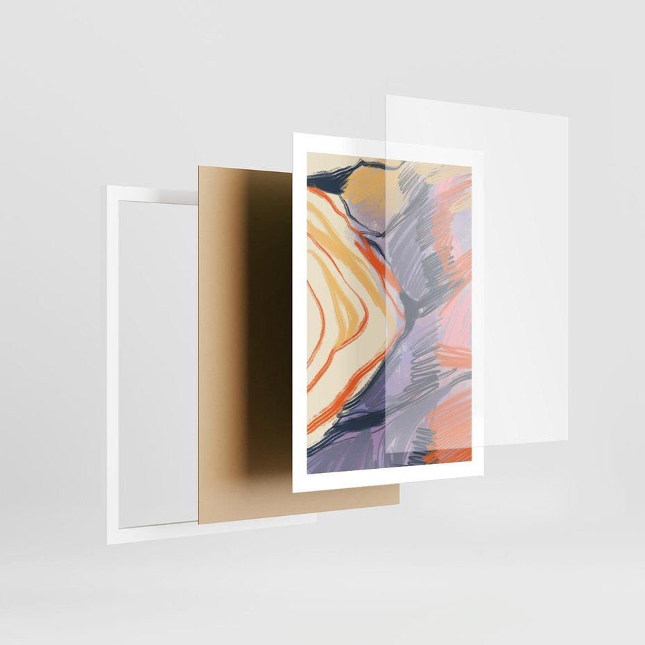 Plakat w ramie 50x70 - Pokreślony Świat - abstrakcyjne formy, odcienie pomarańczu i fioletu - rama biała