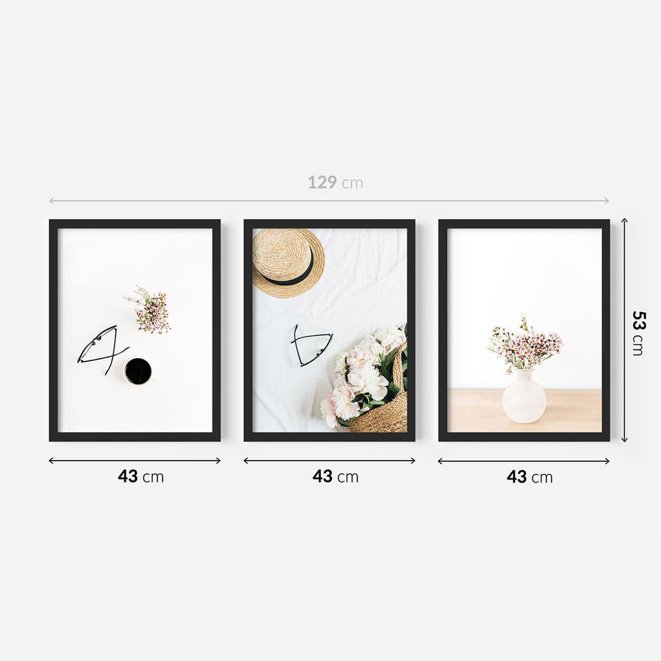 Zestaw obrazy w ramie 40x50 galeria - Kawa, kwiaty, boho, kapelusz - rama czarna