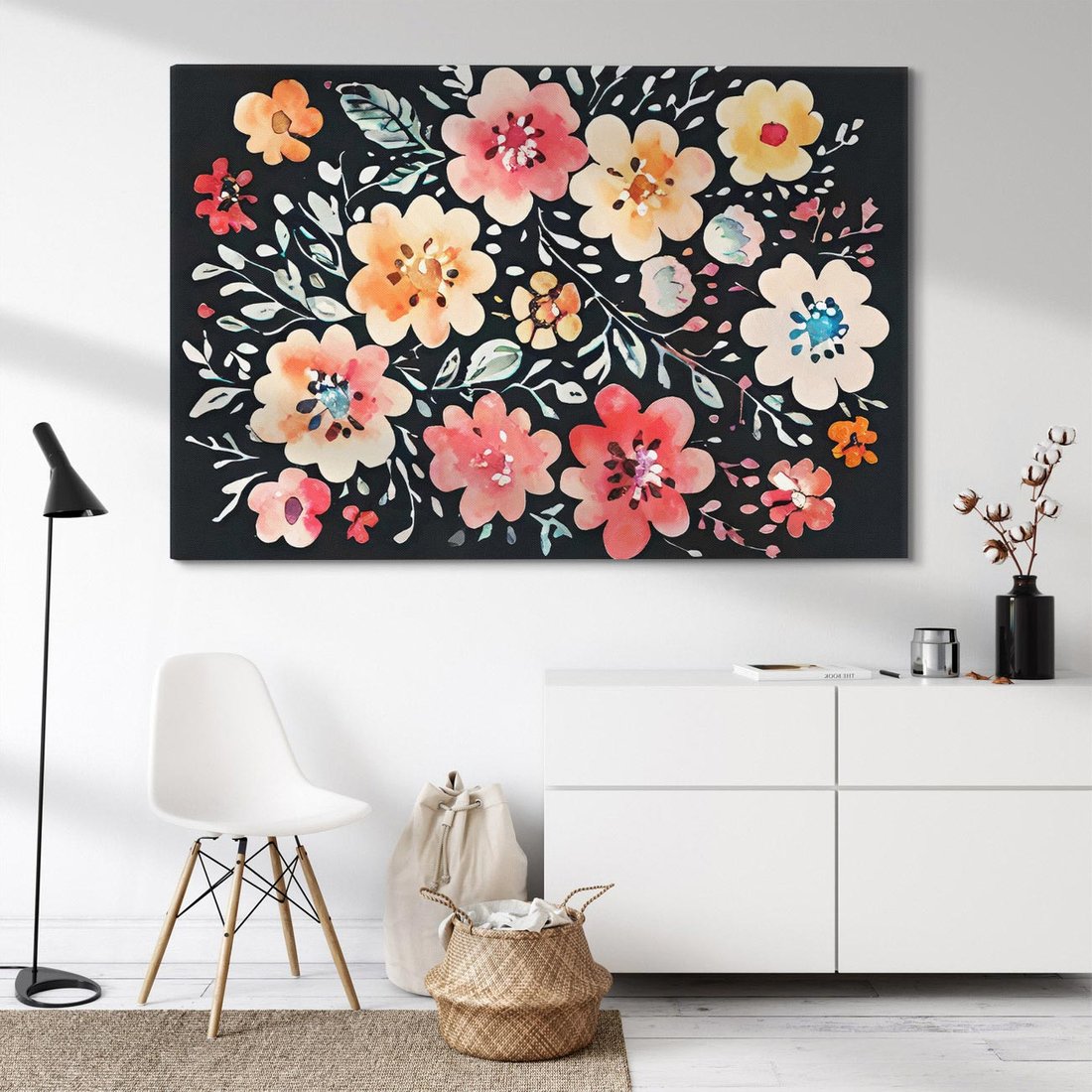 Obraz na płótnie 120x80 - Labirynty melancholii - akwarelowe, pastelowe kwiaty na czarnym tle