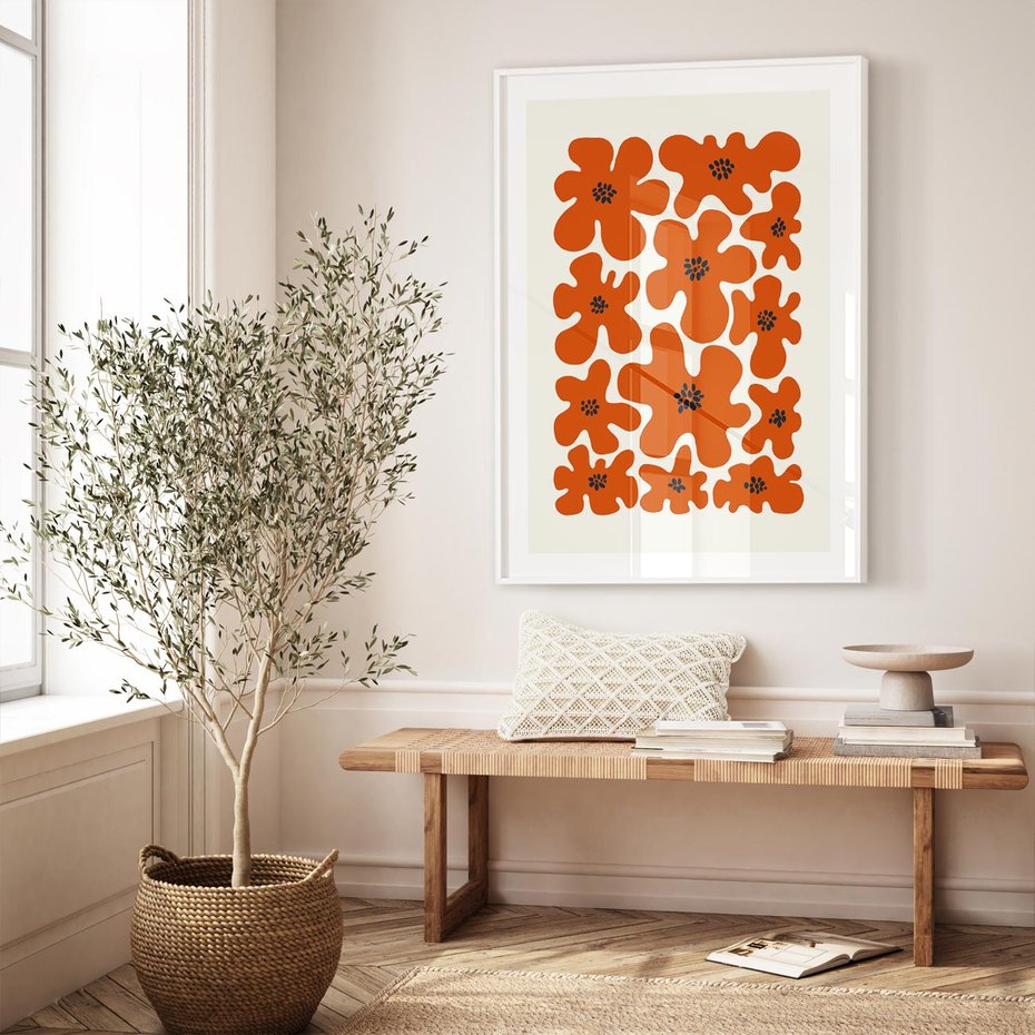 Plakat w ramie 50x70 - Wibracje Przestrzeni - abstrakcyjne czerwone kwiaty, kompozycja - rama biała