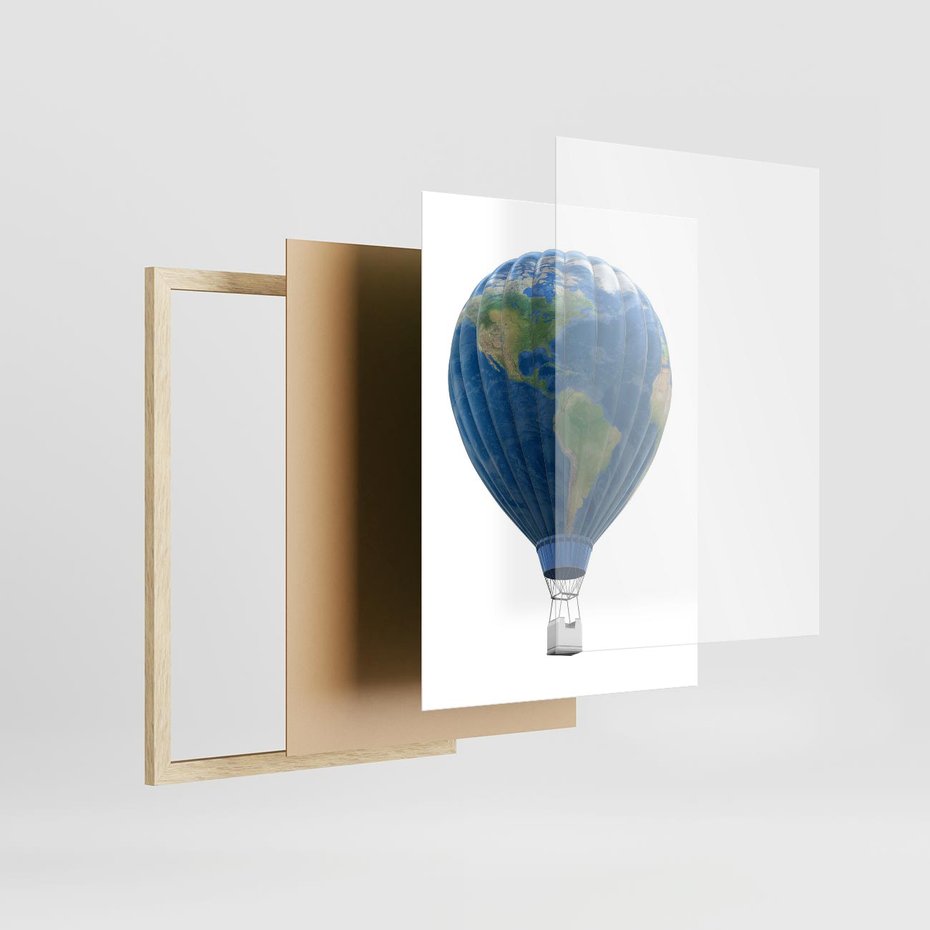 Plakat w ramie 50x70 - Podróżniczy balon nad ziemią - balon, ziemia - rama drewno