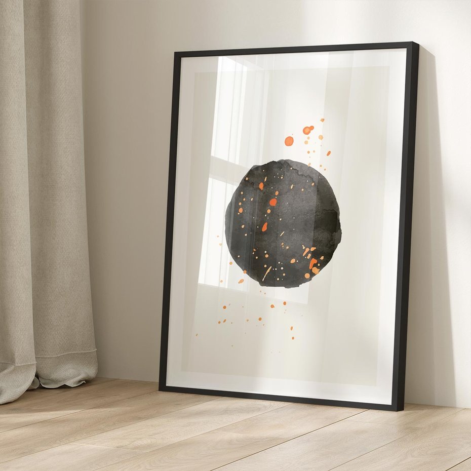 Plakat bez ramy 21x30 - Wibracje Kolorów - abstrakcyjna czarna plama, rozsiane pomarańczowe kropki