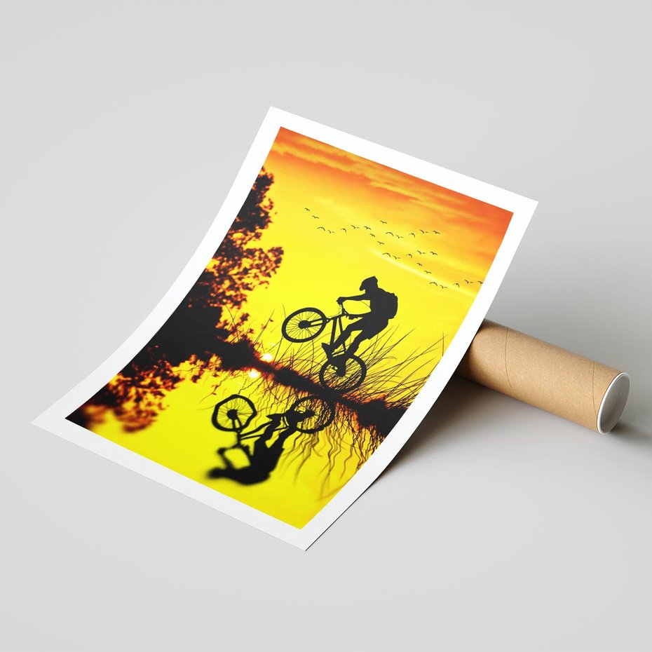 Plakat bez ramy 21x30 - Rower przy zachodzie słońca - rower, zachód