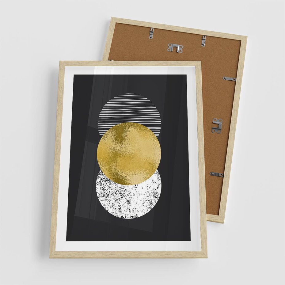 Plakat w ramie 50x70 - Geometryczna Perfekcja: Złote Koło - geometryczna grafika, złote koło - rama drewno