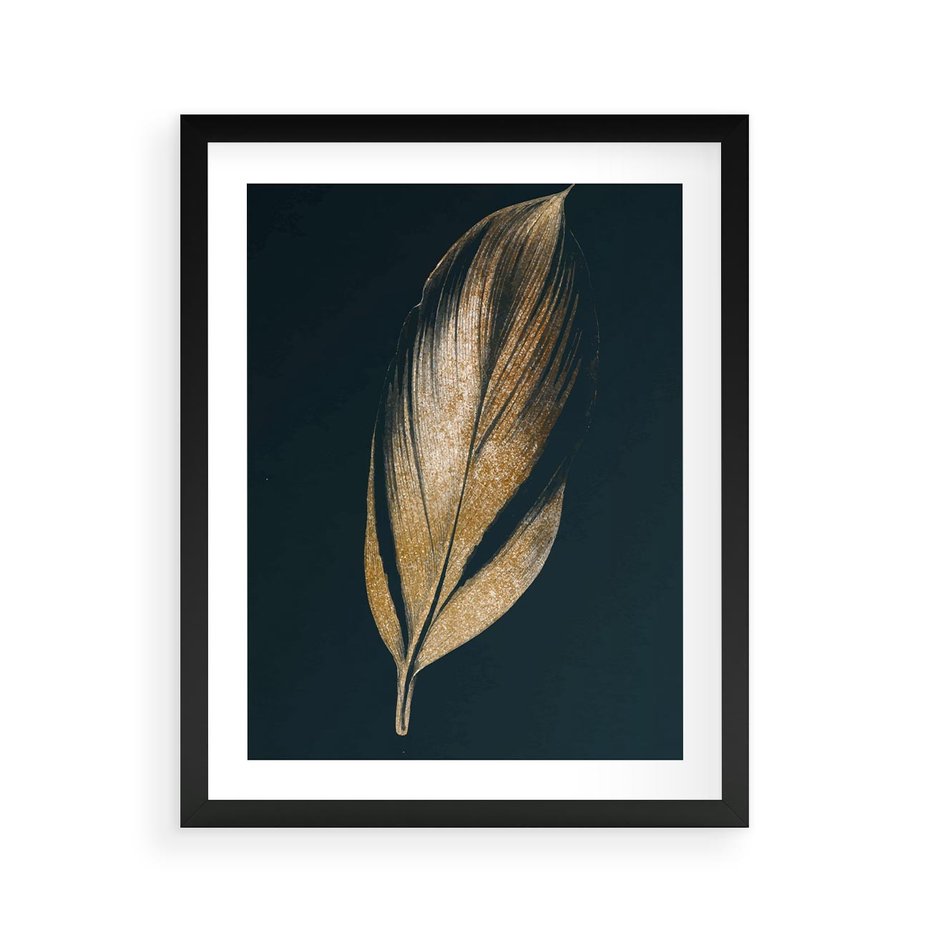 Plakat w ramie 40x50 - Mroczne Złoto - nowoczesna grafika, złoty liść na czarnym tle - rama czarna