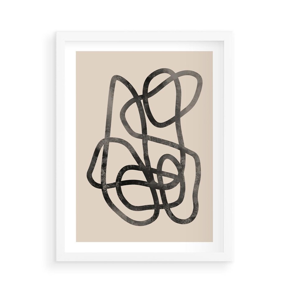 Plakat w ramie 50x70 - Przenikanie Wirtualnych Wymiarów - zaplątane minimalistyczne linie, na bezowym tle - rama biała