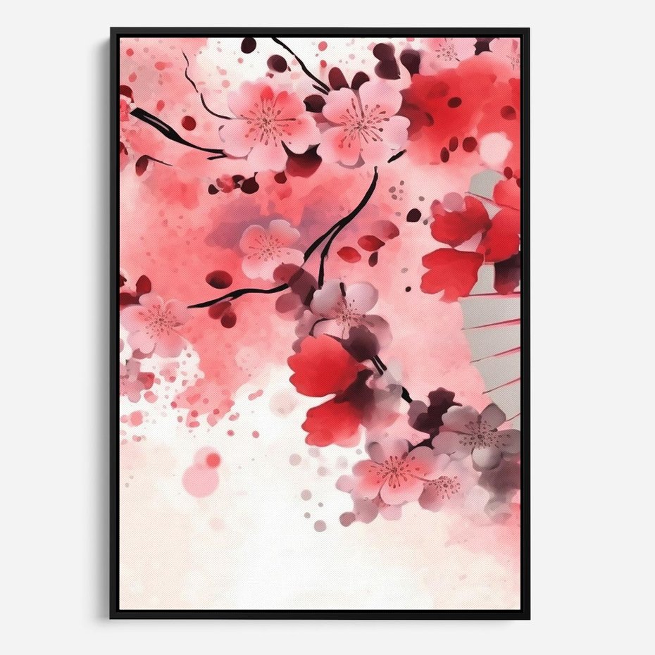 Obraz w ramie 50x70 - Szept Kwitnącej Wiśni - japoński parasol, liście - rama czarna