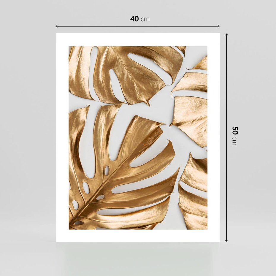 Plakat bez ramy 40x50 - Złote Akcenty w Fotografii - złotel liście monstery, na białym tle