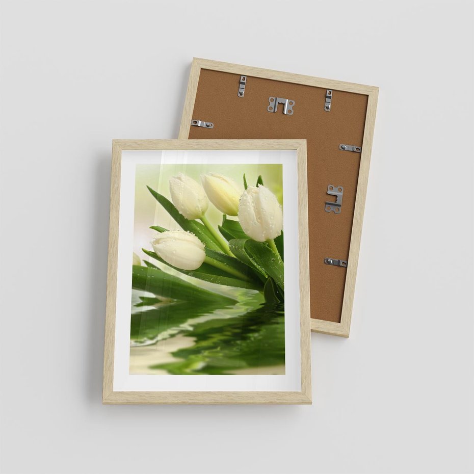 Plakat w ramie 30x40 - Białe Piękno - białe, tulipany - rama drewno