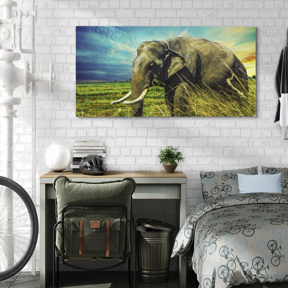 Obraz na płótnie 140x70 - Słoń w sawannie: Spotkanie z dziką przyrodą - słoń, sawanna