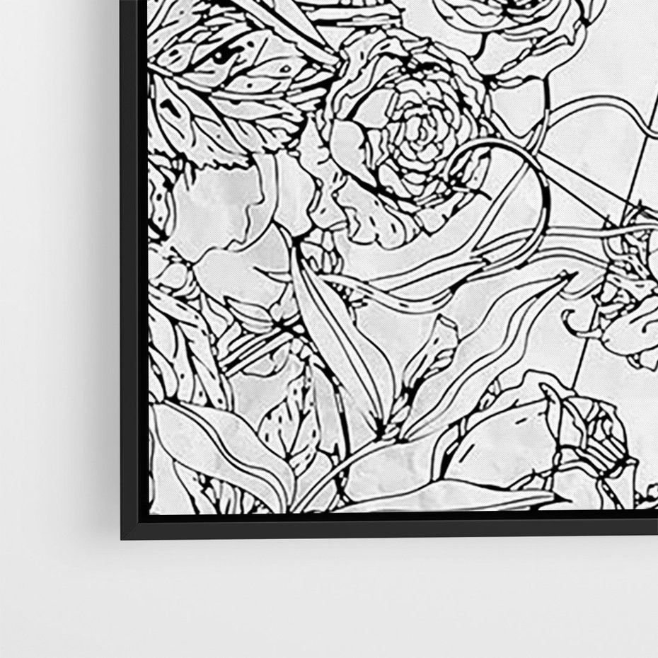 Obraz w ramie 70x100 - Refleksje w martwym punkcie - graficzny szkic, kompozycja kwiatów - rama czarna