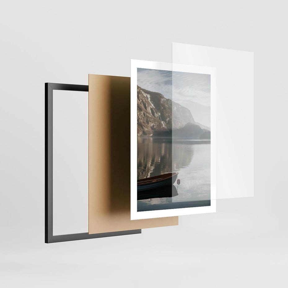 Plakat w ramie 50x70 - Refleksje Natury - morze, łódka - rama czarna