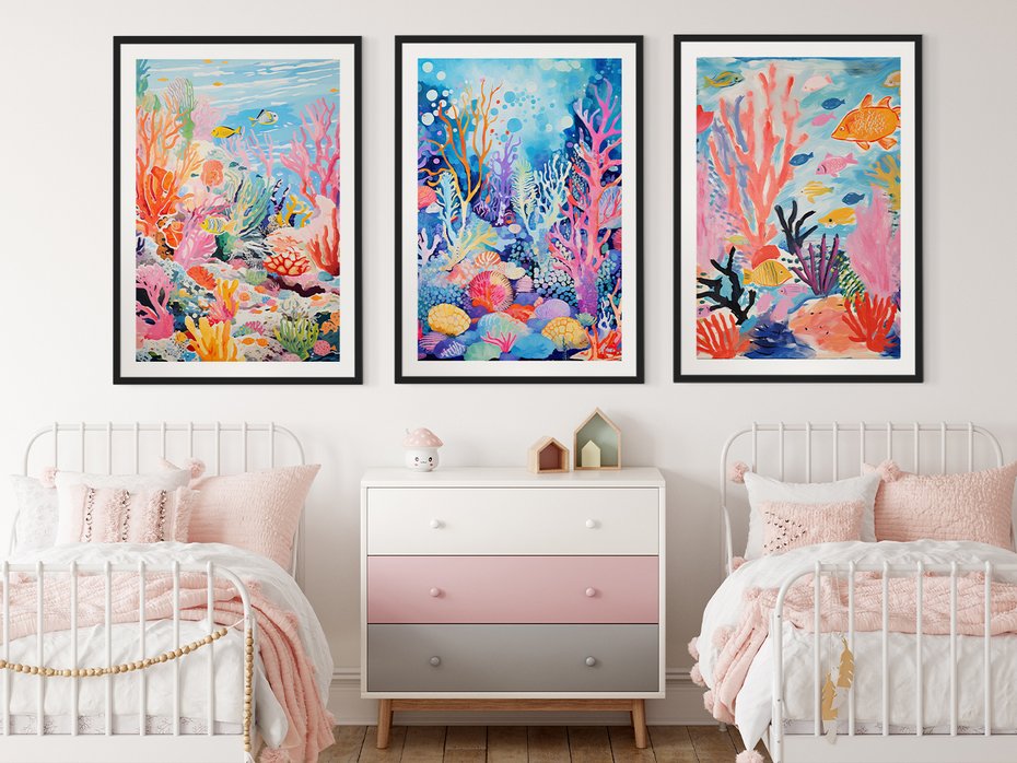 Zestaw obrazy w ramie 40x50 galeria - morze, rybki, akwarela, rafa, koralowa - rama czarna