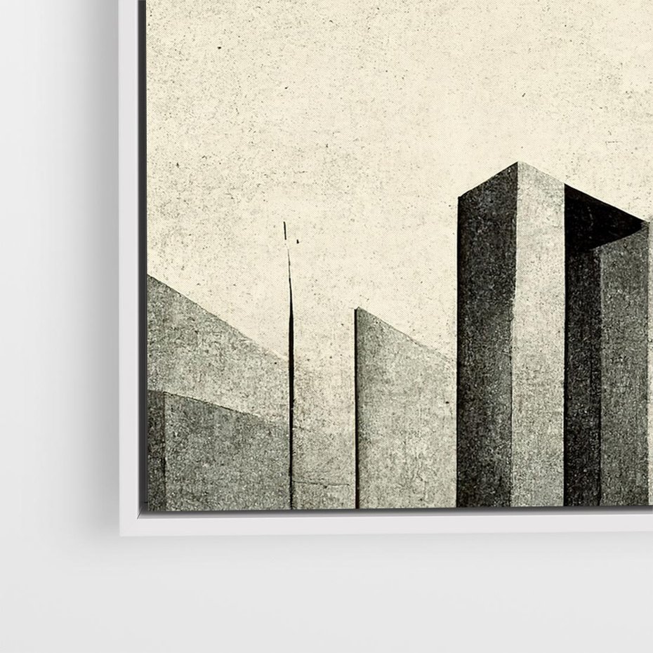 Obraz w ramie 50x50 - Mroczne Wieżowce - postarzana grafika, perspektywa budynków wieżowców - rama biała