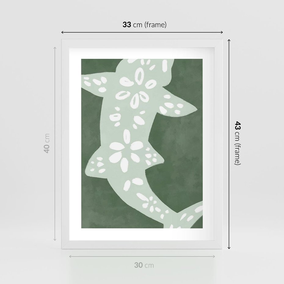 Plakat w ramie 30x40 - Migotliwe Wibracje Zieleni - zielony plakat, abstrakcja przypominająca rybę - rama biała