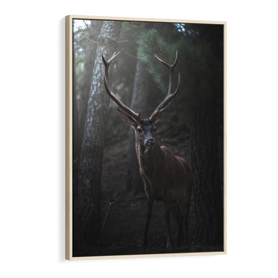 Obraz w ramie 80x120 - Jeleń wśród lasu - jeleń, las - rama drewno