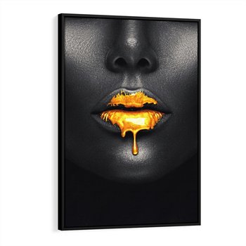 Obraz w ramie 70x100 - Złote Usta Kobiety - złote, usta - rama czarna