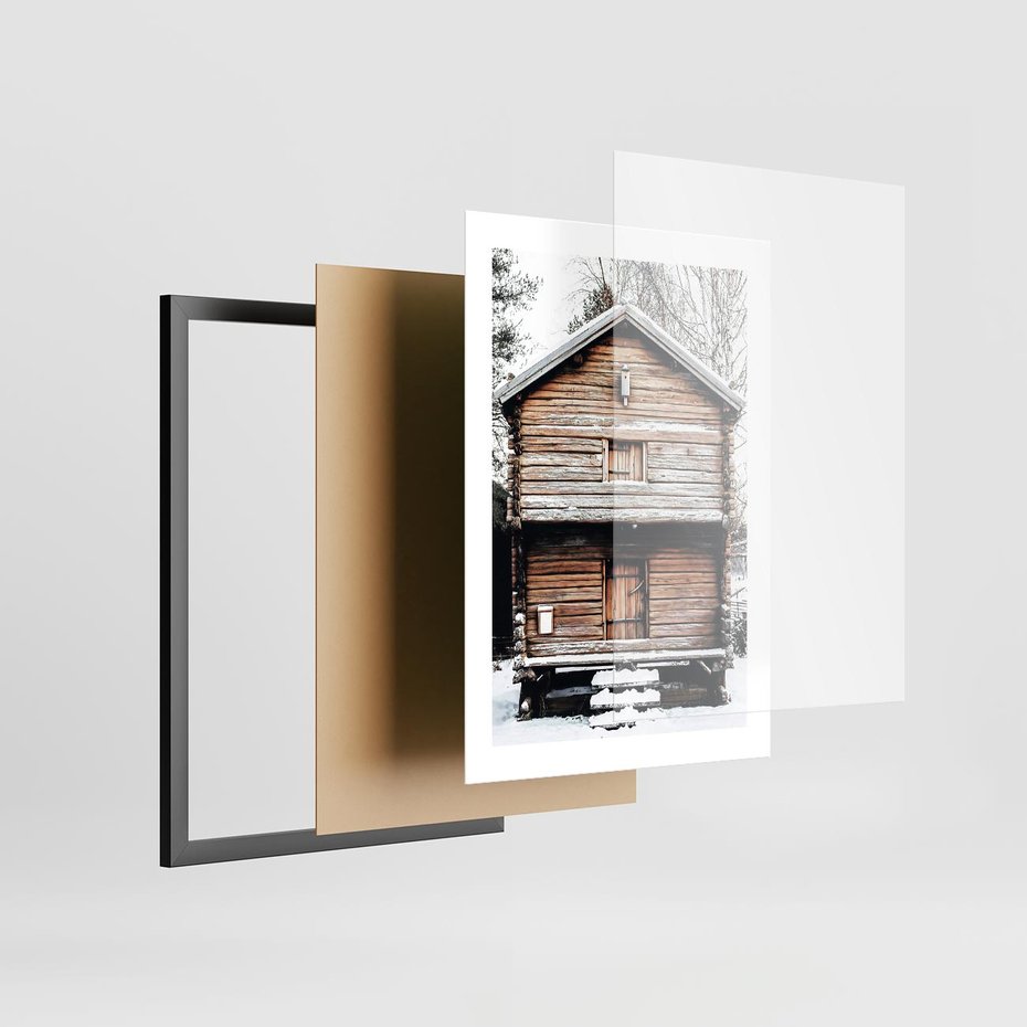 Plakat w ramie 30x40 - Śnieżny Ustronny Raj - domek w górach, śnieg - rama czarna